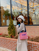 Porto check pattern bag picnic check cotton cloth bag cross shoulder tote bag S size