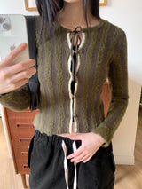 Chinco Green Striped Strap Crop Long Sleeve Cardigan