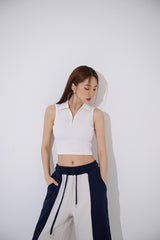 TOP(9354) Collar Half Zip Up Crop Sleeveless