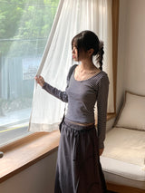 TL Striped Deep U-Neck Long Sleeve T-Shirt