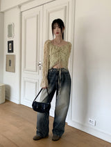 シフォンフラワーリボンストリング長袖ブラウス / Pyuti Chiffon Flower Ribbon String Long-Sleeved Blouse