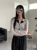 ティシャボカシコルセットトングクロップド長袖Tシャツ / Tisha Bokasi Corset Thong Cropped Long Sleeve T-Shirt
