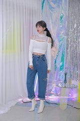 ジッパーショルダーメッシュクロップTシャツ/TOP(8304) Zipper Shoulder Mesh Crop Tee
