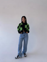 グリーンチェックニットジップアップ/green check knit zip-up