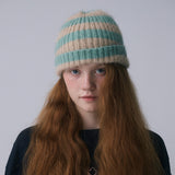FURRY LOGO BEANIE, BEIGE+MINT STRIPE