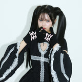 0 4 ribbon knit gloves - BLACK/PINK