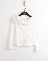 Iku striped button slit off-shoulder long sleeve T-shirt