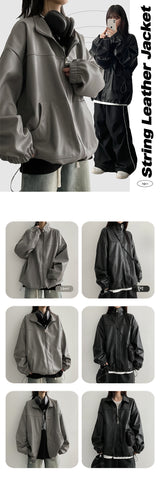Lueing Box Fit String Leather Jumper Jacket