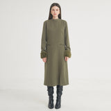 ヘリングボーンスリットロングドレス / Herringbone Slit Long Dress (Khaki)