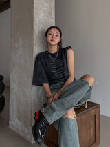 (UNISEX) ダメージチェッカーワイド デニム