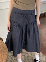 リボンひも ベルト 裏バンディング インディゴ デニム フレア ミディ スカート /Sage Ribbon String Belt Back banding Indigo Denim Flare Midi Skirt