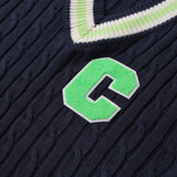 ライトグリーンCパッチvネックニットベストユニセックス / Light Green C Patch V-neck Navy Knitwear Vest