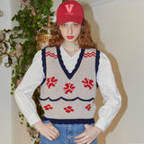 Flower Pattern Merino Wool Knit Vest (Red) (6681247875190)