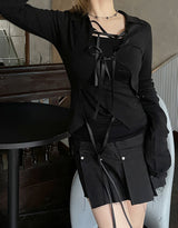 ストラップスリットカラーリボンTシャツ / Strap slit collars ribbon T-shirt