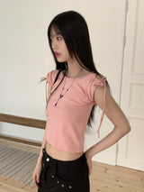 ショルダースリットリボンストラップクロップ半袖Tシャツ/Tino shoulder slit ribbon strap crop short sleeve T-shirt
