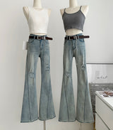Belted light blue bootcut denim pants