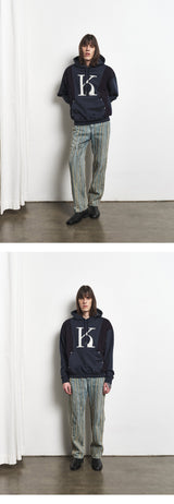 Mixed Fabric Knit KUYRI K Hoodie (Navy Peony)
