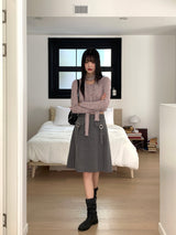 [Muffler Set] Forearm Bokashi Ribbed Button Cardigan