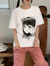 キムリ90'sアニメキャラクタープリントボクシーオーバーサイズフィット半袖Tシャツ / Kimri 90's Animation Character Printing Boxy Oversized Fit Short-Sleeved T-Shirt