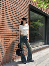 インフィレトロウォッシュインシジョンヒッププリントブーツカットデニムパンツ/Infi Retro Washing Incision Hip Printing Bootcut Denim Pants