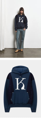 Mixed Fabric Knit KUYRI K Hoodie (Navy Peony)