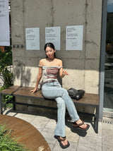 Belted light blue bootcut denim pants