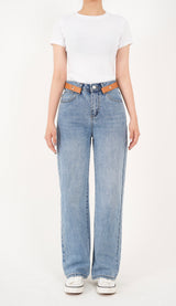 レザーベルトポイントストレートフィットデニムパンツ/BILLLIE SUHYEON LEATHER BELT POINT STAIGHT FIT LIGHT BLUE DENIM [16629]