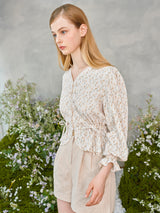 レースボタンパフブラウス / Lace Button Puff Blouse (2colors)