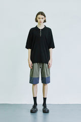 スクエアチェスト ジッパーアップ ポロニットTシャツ / square chest zipper-up polo knit t-shirt black
