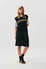 CONTROL WAIST DENIM BERMUDA WIDE PANTS [DARK NAVY]