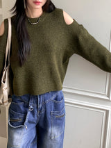 Pler Round-neck  Shoulder Slit Long-Sleeved Knit