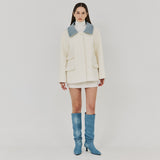 ヘリングボーンハイネックハーフコート / HERRINGBONE HIGH-NECK HALF COAT (IVORY)