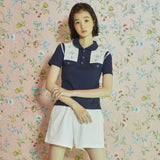 フラワー エンブロイド カラー Tシャツ / [LINE] Flower Embroidered Collar T-shirt