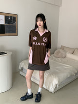 ヒルズ スポーティ ボクシー配色 カラージャージ 半袖Tシャツ/Hills Sporty Boxy Color Matching Collar Jersey Short Sleeve T-shirt