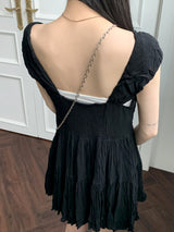 ウィロンシフォンキャップスリーブボタンプリーツフレアミニワンピース / Willon Chiffon Cap Sleeve Button Pleated Flare Mini One Piece