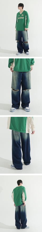 Sand Cutting Maxi Wide Denim Pants