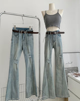 Belted light blue bootcut denim pants