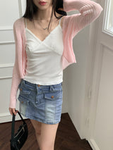 リーミングサマーシースルーワンボタンクロップ長袖カーディガン【6色】/[6 colors] Leoming summer see-through one-button cropped long-sleeved