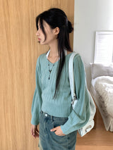 High knee ribbed V-neck semi-crop long-sleeve knit