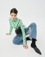 CHECKER BOARD TURTLENECK KNIT-GREEN (6605055098998)