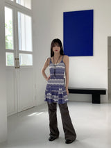ブルーシービンテージグラディエントパターンフレアノースリーブミニワンピース / Blue Sea Vintage Gradient Pattern Flare Sleeveless Mini Dress