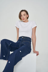 ワイドフィットハートシェープ刺繡ジーンズ/WIDE FIT HEART SHAPE EMBROIDERY JEAN [6887]