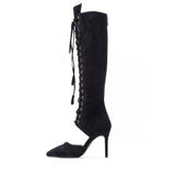 Lace-Up Under The Knee Boots Heel(Black)