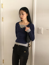Jettyレイヤード配色Vネックトット長袖Tシャツ