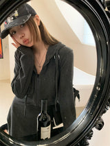 Charcoal hooded zip-up one-piece set