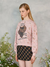 フラワーキャットレタリングスウェットシャツ / Flower Cat Lettering Sweatshirt (Pink)
