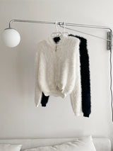 Angora hood knit zip-up