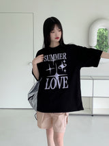 サマーラブハートプリンティングボクシーオーバーサイズフィット半袖Tシャツ / Summer Love Heart Printing Boxy Oversized Fit Short-Sleeved T-Shirt