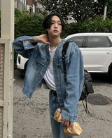 カラーレスブーツカットデニムパンツ/Collarless bootcut denim