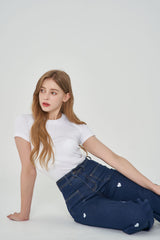 ワイドフィットハートシェープ刺繡ジーンズ/WIDE FIT HEART SHAPE EMBROIDERY JEAN [6887]
